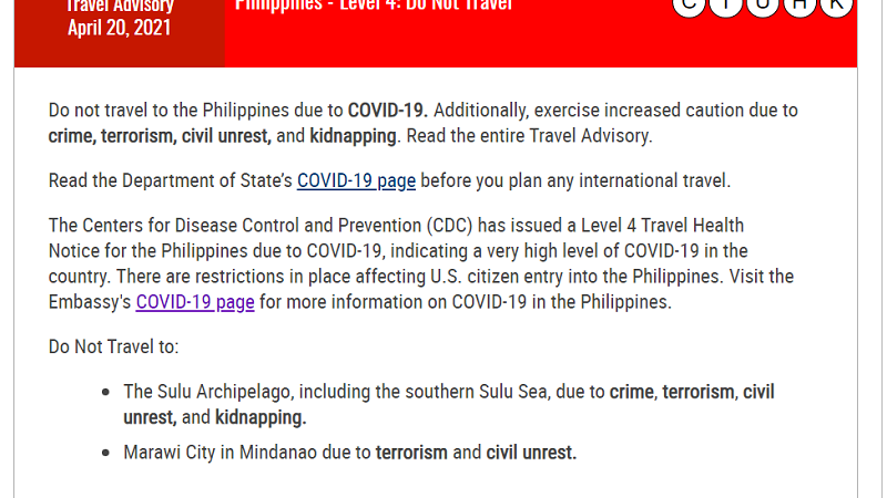 US itinaas sa Level 4 ang travel alert sa Pilipinas