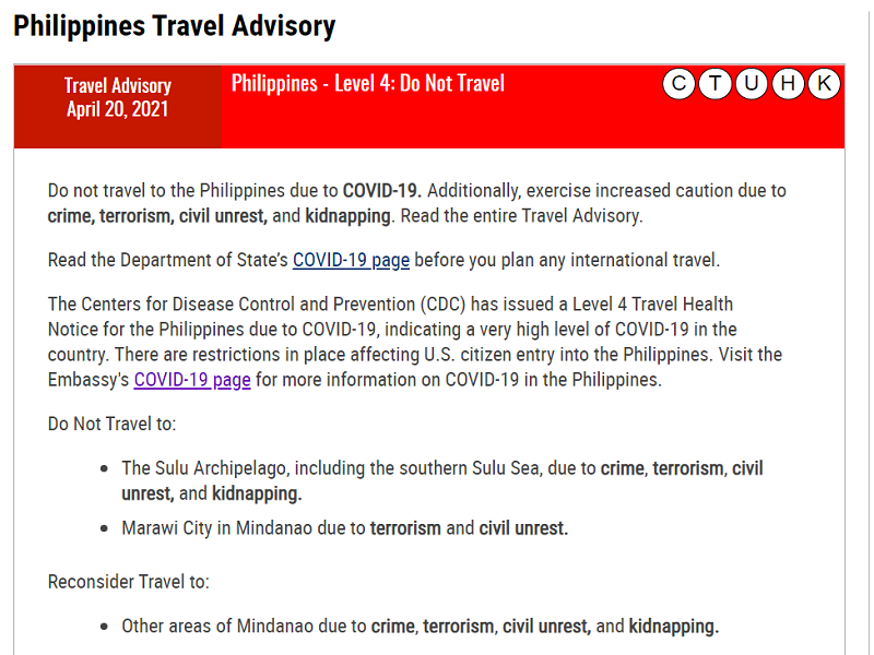 US itinaas sa Level 4 ang travel alert sa Pilipinas