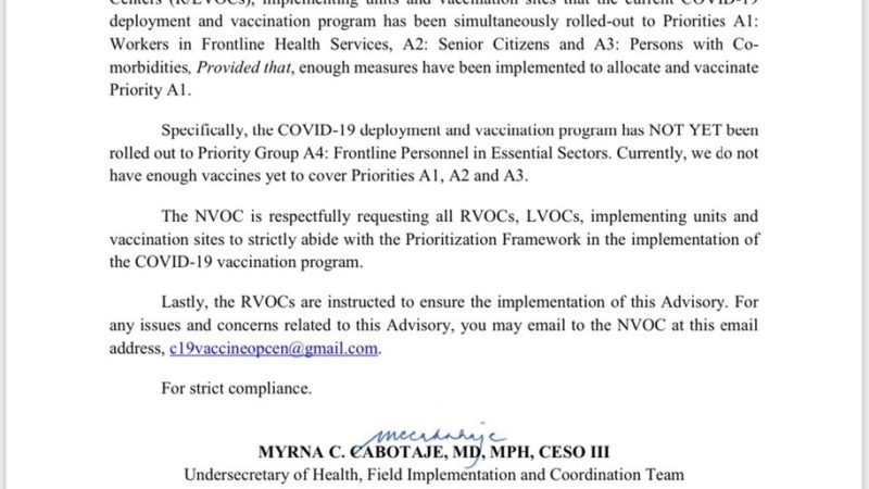 Local at Regional Vaccination Operations Center pinaalalahanang sundin ang priority list sa pagbabakuna