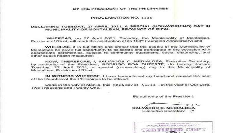 April 27 idineklarang holiday ni Pangulong Rodrigo Duterte sa Montalban
