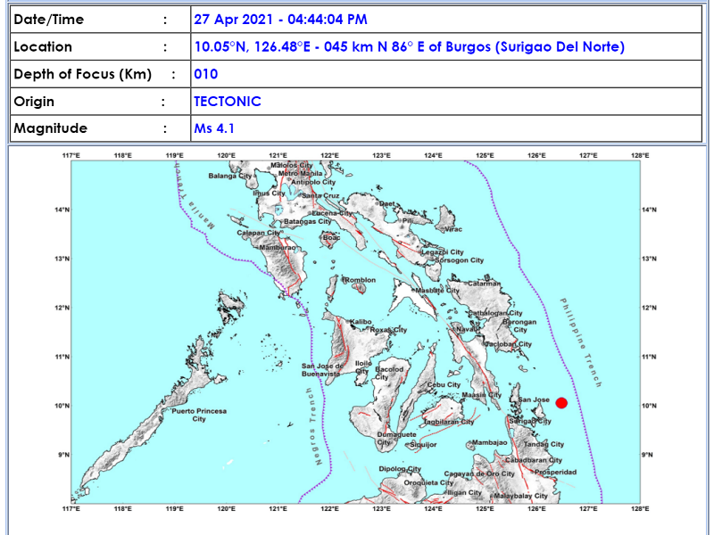 Burgos, Surigao del Norte niyanig ng magnitude 4.1 na lindol