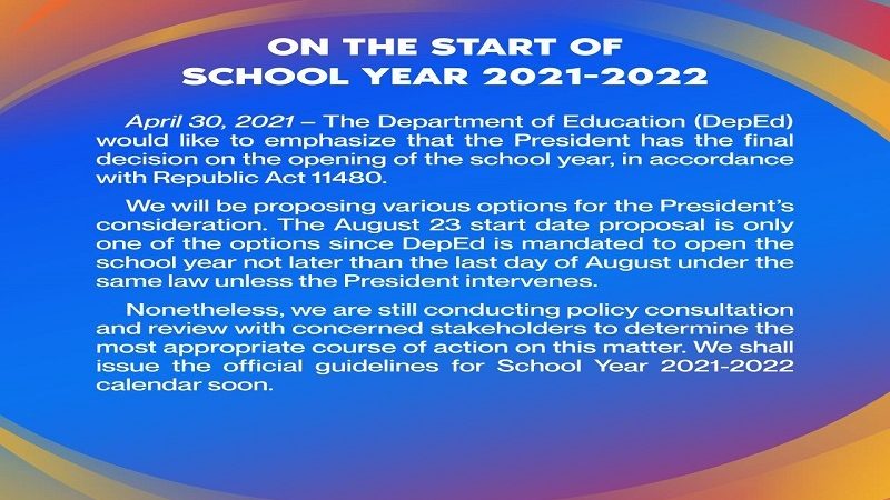 Pinal na desisyon sa petsa ng pagbubukas ng klase na kay Pangulong Duterte