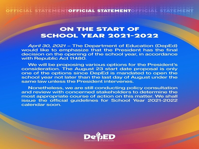 Pinal na desisyon sa petsa ng pagbubukas ng klase na kay Pangulong Duterte