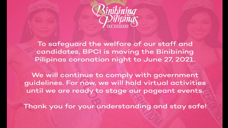 Coronation night ng Binibining Pilipinas muling ipinagpaliban