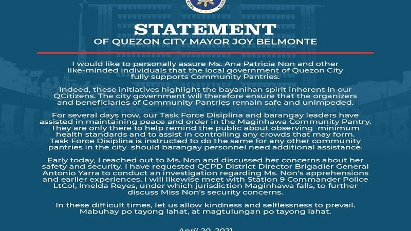 Sa gitna ng isyu ng red tagging, QC Mayor Belmonte tiniyak ang seguridad ng mga organizer ng community pantry