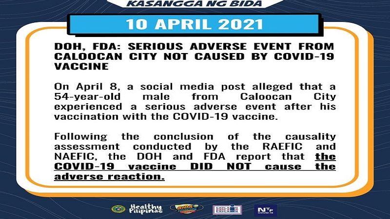 DOH at FDA itinangging dahil sa bakuna ang naranasang “adverse effect” ng isang lalaking nabakunahan sa Caloocan