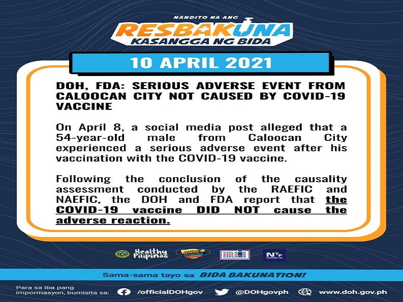 DOH at FDA itinangging dahil sa bakuna ang naranasang “adverse effect” ng isang lalaking nabakunahan sa Caloocan