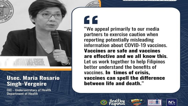 DOH may panawagan sa mga mamamahayag na naglalabas ng “maling impormasyon” tungkol sa COVID-19 vaccine