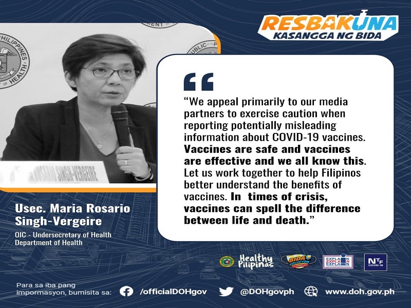 DOH may panawagan sa mga mamamahayag na naglalabas ng “maling impormasyon” tungkol sa COVID-19 vaccine