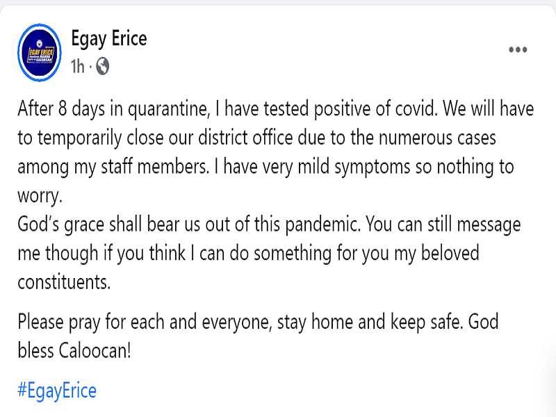 Caloocan City 2nd District Rep. Edgar Erice nagpositibo sa COVID-19