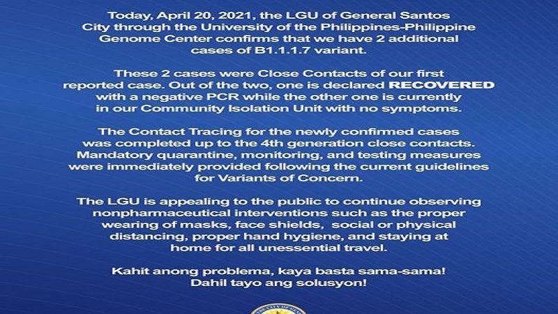 Dalawa pang kaso ng B.1.1.7 variant naitala sa GenSan