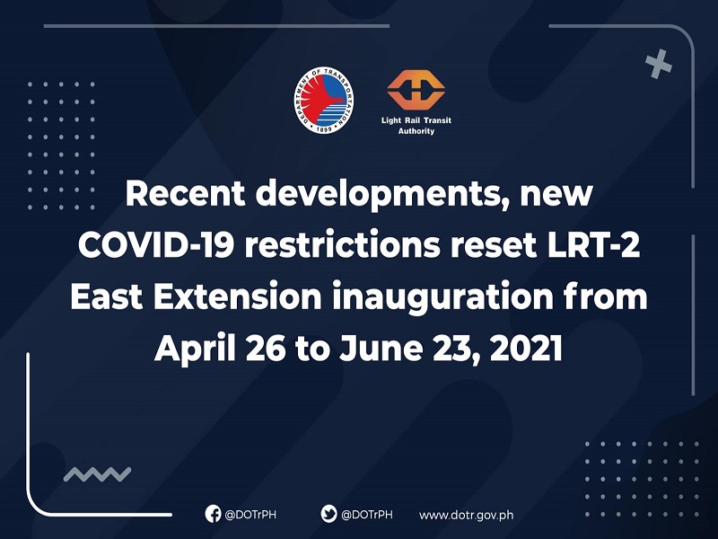 Inagurasyon ng LRT-2 East Extension ngayon buwan ipinagpaliban