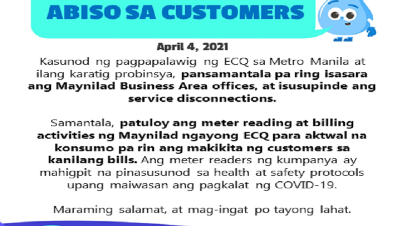 Maynilad Business Area offices mananatiling sarado dahil sa pagpapalawig ng ECQ