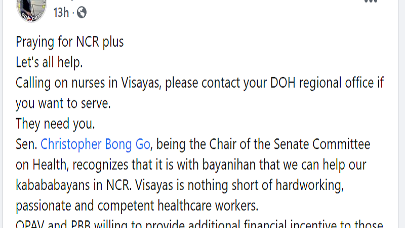 OPAV nag-alok ng dagdag na insentibo sa mga nurse mula Visayas na handang tumulong sa NCR Plus