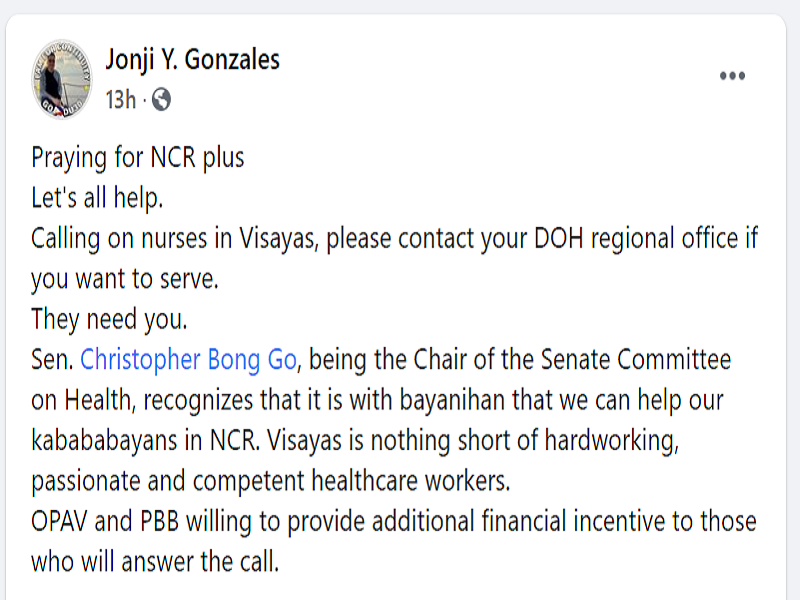 OPAV nag-alok ng dagdag na insentibo sa mga nurse mula Visayas na handang tumulong sa NCR Plus