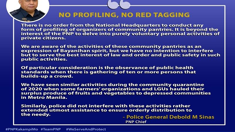 Profiling at red tagging sa mga nasa likod ng Community Pantry itinanggi ng PNP