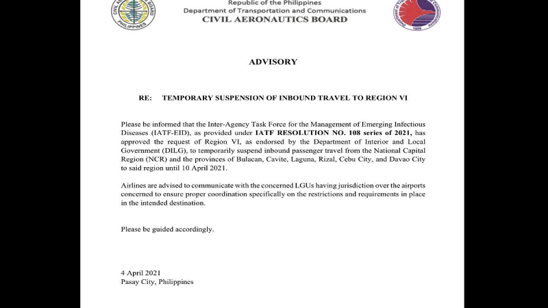 Inbound travel sa Region VI galing sa mga lugar na may mataas na kaso ng COVID-19 suspendido muna