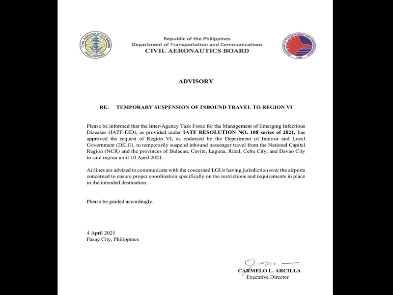 Inbound travel sa Region VI galing sa mga lugar na may mataas na kaso ng COVID-19 suspendido muna