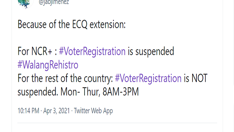 Voter registration sa “NCR Plus” mananatiling suspendido ayon sa Comelec