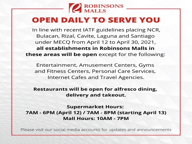 Robinsons Malls sa NCR Plus mananatiling bukas sa ilalim ng pag-iral ng MECQ