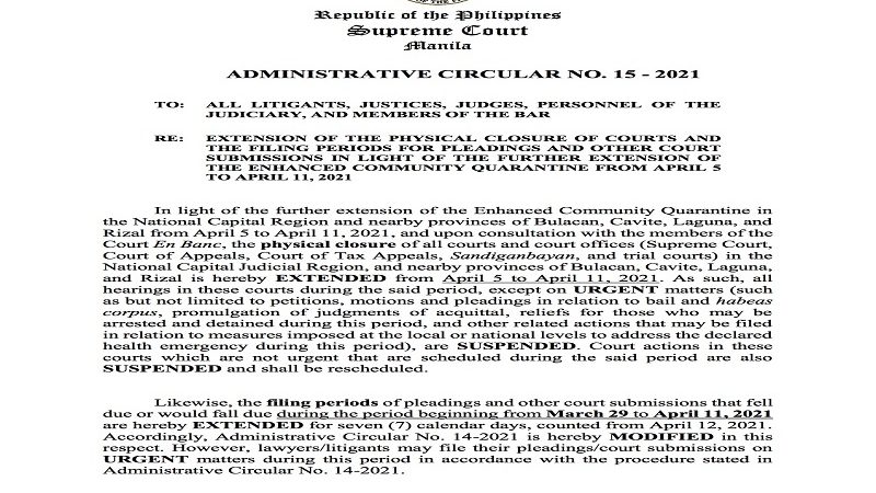 Physical closure ng mga korte sa mga lugar na nakasailalim sa ECQ pinalawig pa ng Korte Suprema