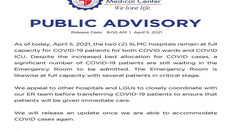 Dalawang ospital ng St. Luke’s Medical Center nananatiling full capacity para sa COVID-19 patients