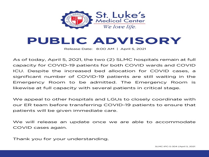 Dalawang ospital ng St. Luke’s Medical Center nananatiling full capacity para sa COVID-19 patients