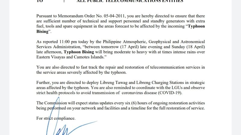 Telcos pinaghahanda ng NTC sa mga lugar na maaapektuhan ng Bagyong Bising