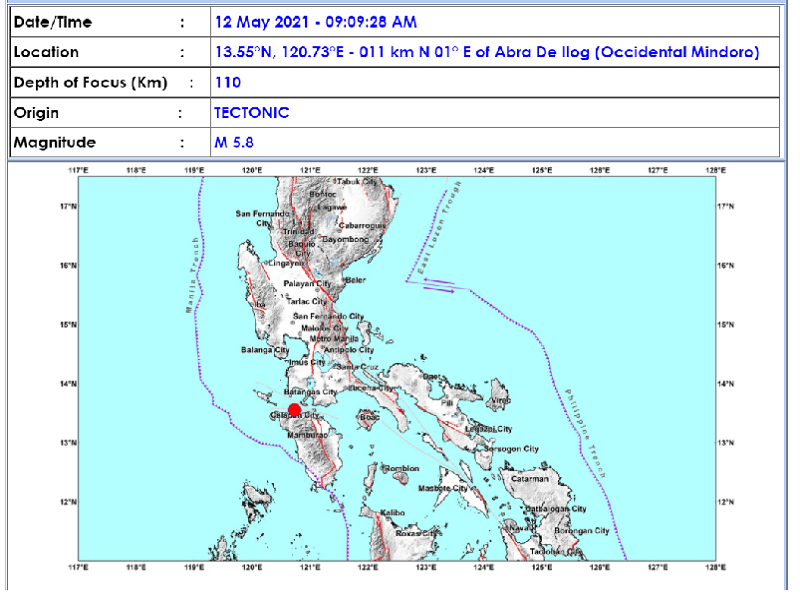 BREAKING: Magnitude 5.8 na lindol naitala sa Occidental Mindoro; pagyanig naramdaman din sa Metro Manila