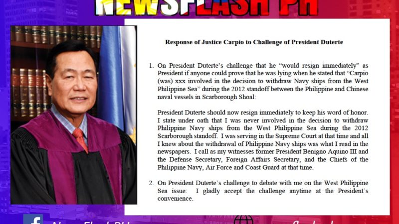 Retired Justice Antonio Carpio kumasa hamon na debate ni Pangulong Rodrigo Duterte sa isyu sa West PH Sea