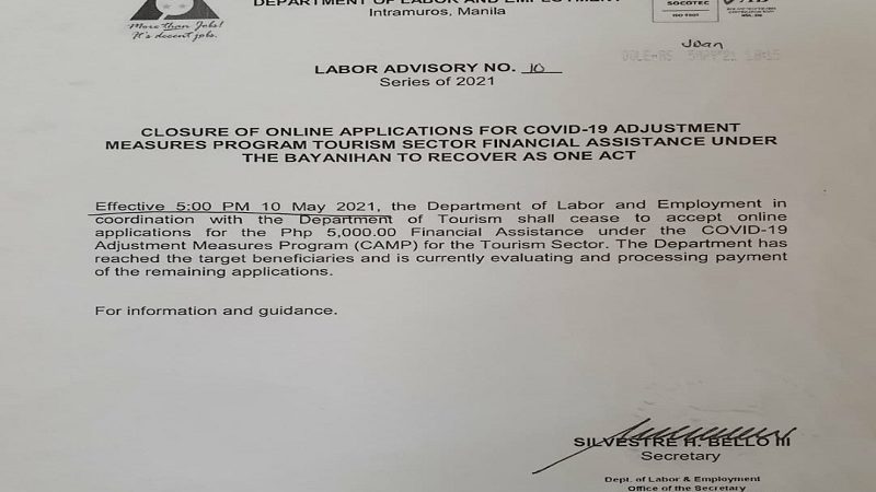 Pagtanggap ng aplikasyon para sa financial assistance sa ilalim ng ‘CAMP for the Tourism Sector’ ihihinto na ng DOLE