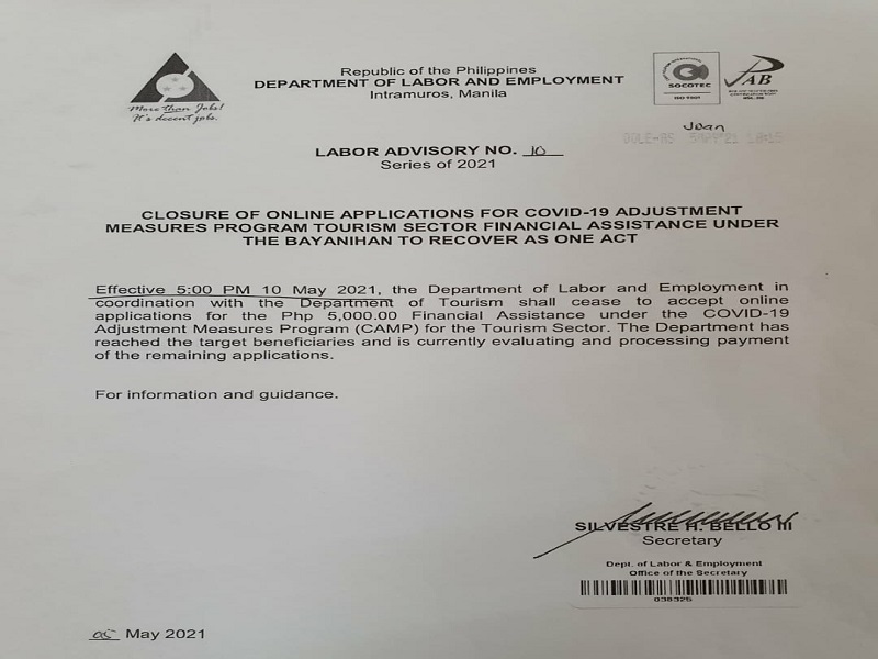 Pagtanggap ng aplikasyon para sa financial assistance sa ilalim ng ‘CAMP for the Tourism Sector’ ihihinto na ng DOLE