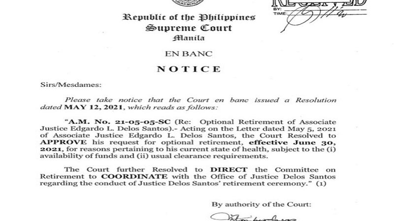 Optional retirement ni SC Associate Justice Edgardo Delos Santos inaprubahan ng En Banc