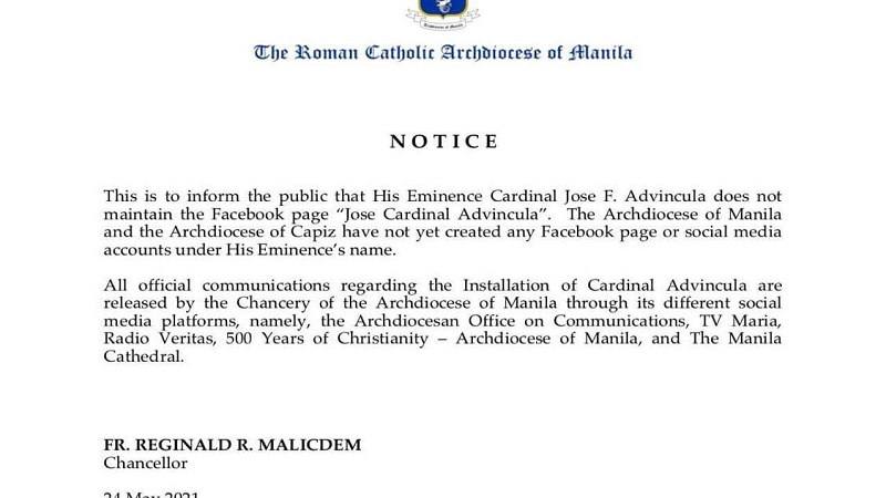 Publiko binalaan sa pagkakaroon ng pekeng FB page gamit ang pangalan ni Cardinal Jose Advincula