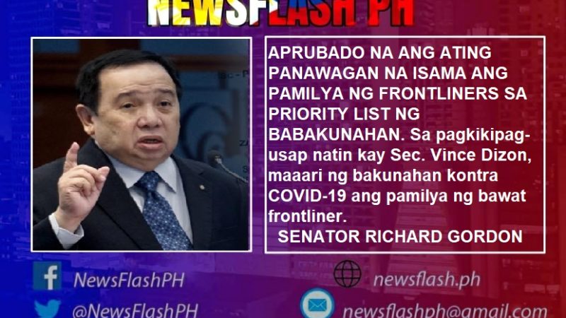 Pamilya ng frontliners kasama sa priority list para sa COVID-19 vaccination program