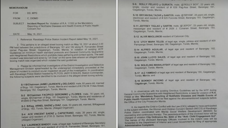 18 kabilang ang 2 barangay chairman at 1 barangay kagawad sasampahan ng reklamo dahil sa ilegal na boxing match sa Tondo