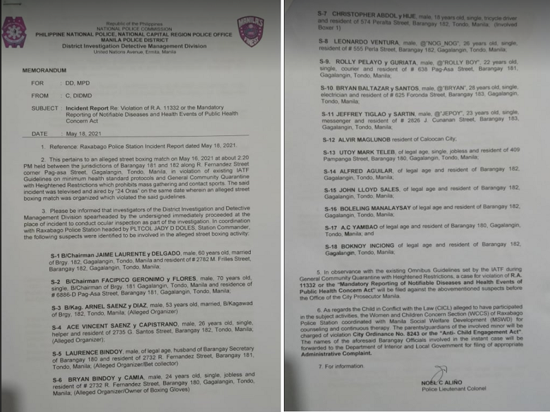 18 kabilang ang 2 barangay chairman at 1 barangay kagawad sasampahan ng reklamo dahil sa ilegal na boxing match sa Tondo