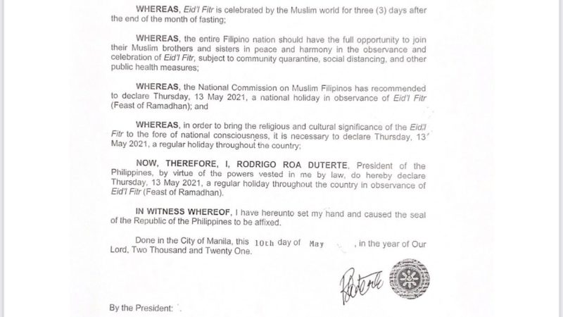 May 13 idineklarang Regular Holiday ni Pangulong Duterte bilang paggunita sa Eid’l Fitr