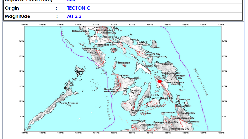 Capoocan, Leyte niyanig ng magnitude 3.3 na lindol