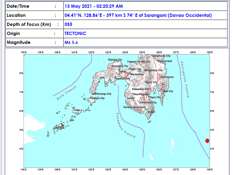 Sarangani, Davao Occidental niyanig ng magnitude 5.6 na lindol