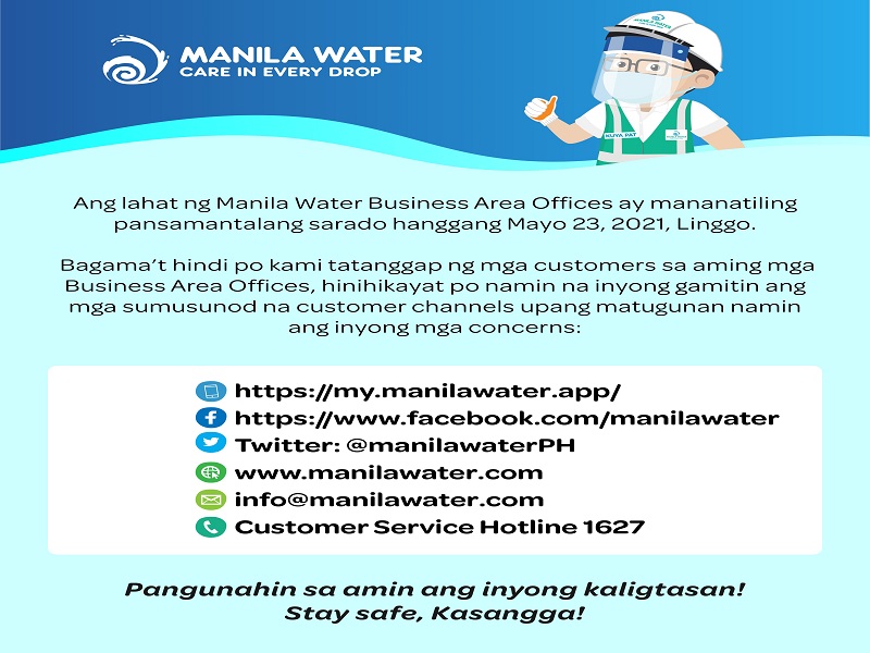 Manila Water Business Area Offices mananatiling sarado hanggang May 23