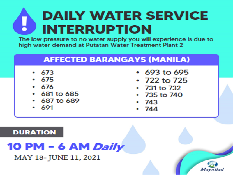 Maynilad magpapatupad ng walong oras na service interruption sa ilang barangay sa Maynila mula May 18 hanggang June 11