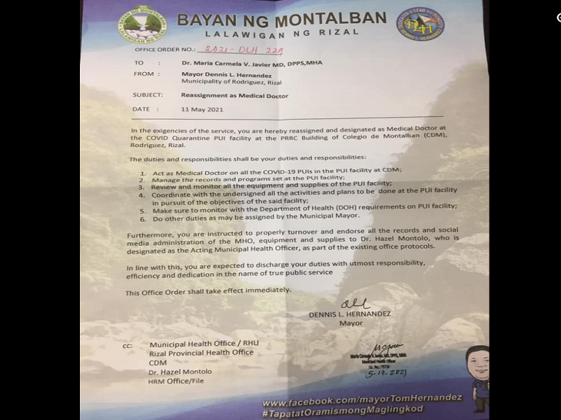 BREAKING: Municipal Health Office chief ng Montalban, Rizal inalis sa pwesto sa kasagsagan ng pagtugon sa pandemya