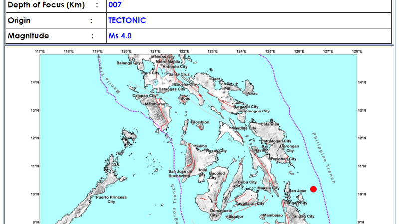 Burgos, Surigao del Norte niyanig ng magnitude 4.0 na lindol