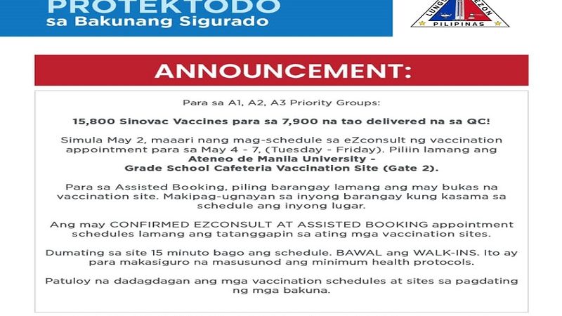 Dagdag na 15,800 doses ng Sinovac COVID-19 vaccine natanggap ng QC LGU