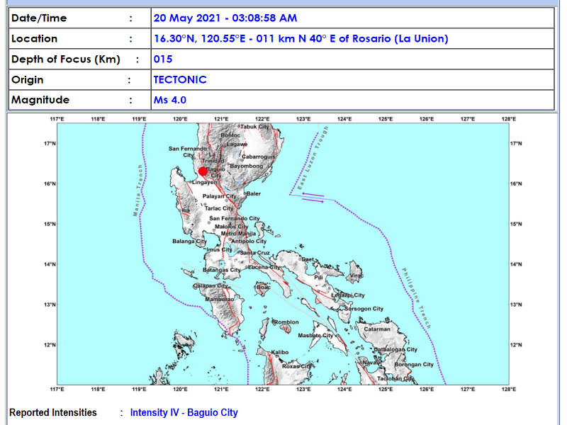 Rosario, La Union niyanig ng magnitude 4 na lindol; Intensity IV naitala sa Baguio City