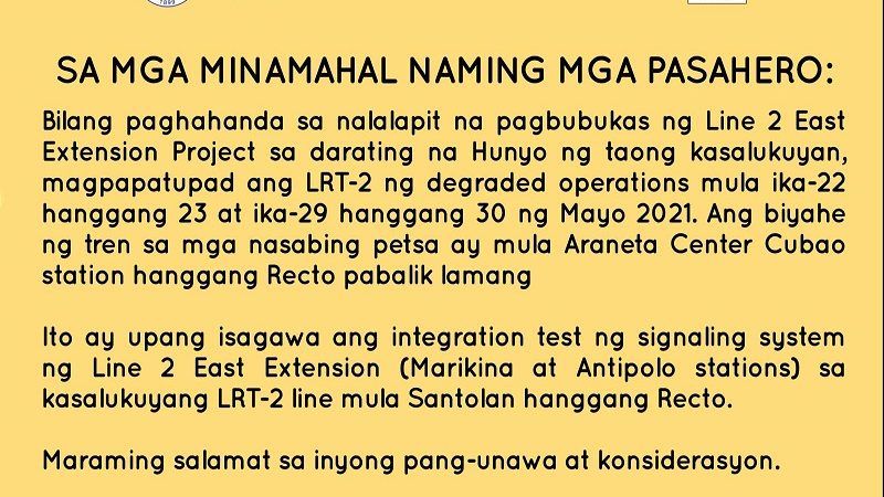 LRT-2 magpapatupad ng degraded operations bilang paghahanda sa pagbubukas ng East Extension Project
