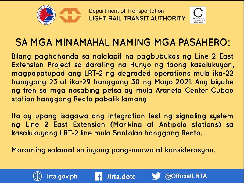 LRT-2 magpapatupad ng degraded operations bilang paghahanda sa pagbubukas ng East Extension Project