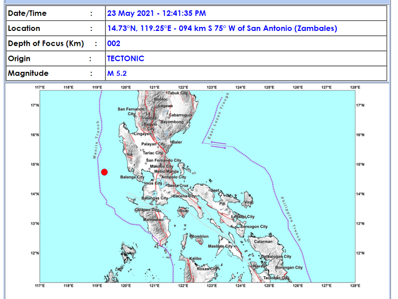 San Antonio, Zambales niyanig ng magnitude 5.2 na lindol