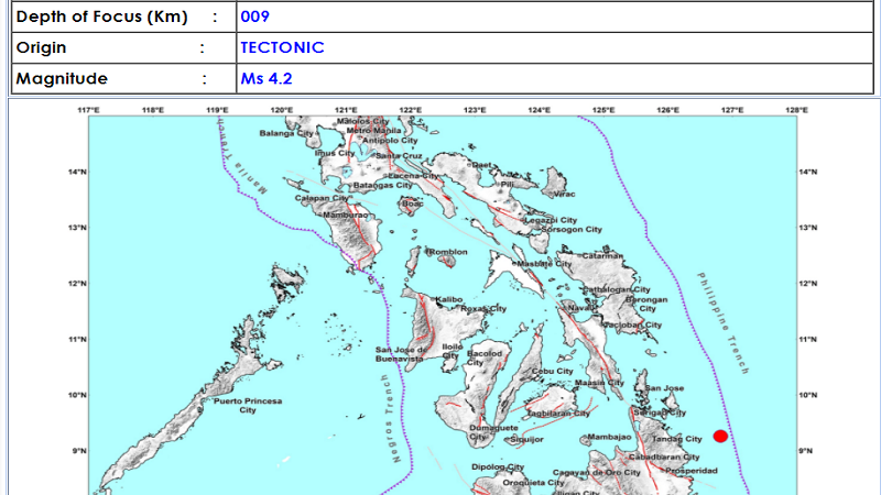 Bayabas, Surigao del Sur niyanig ng magnitude 4.2 na lindol